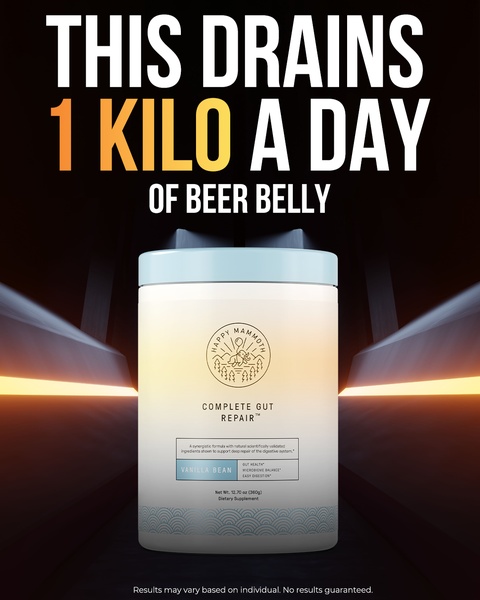 This ad creative uses a high-contrast, bold claim strategy to address a specific consumer pain point regarding digestive health and body composition.